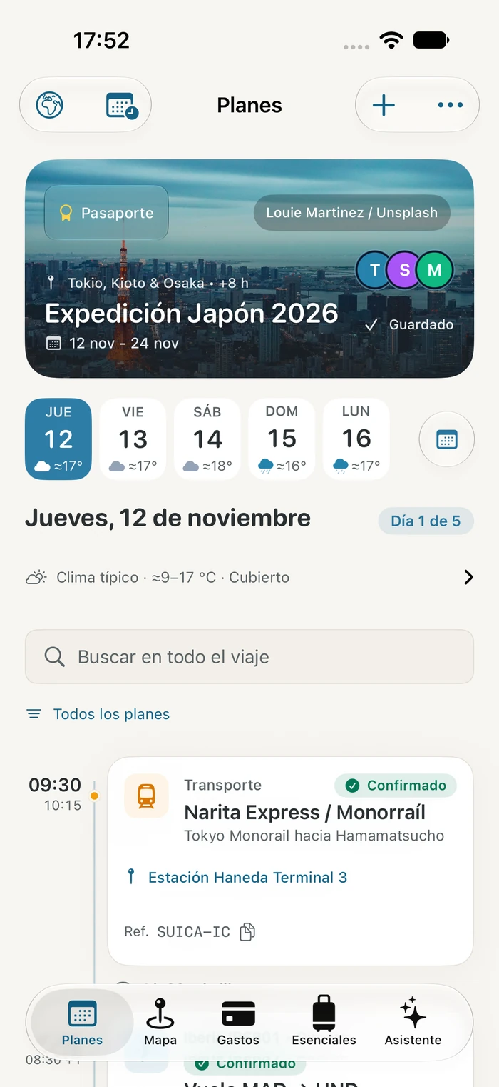 Traivu on iPhone: an actual itinerary with flights, a hotel and plans for a sample trip to Japan